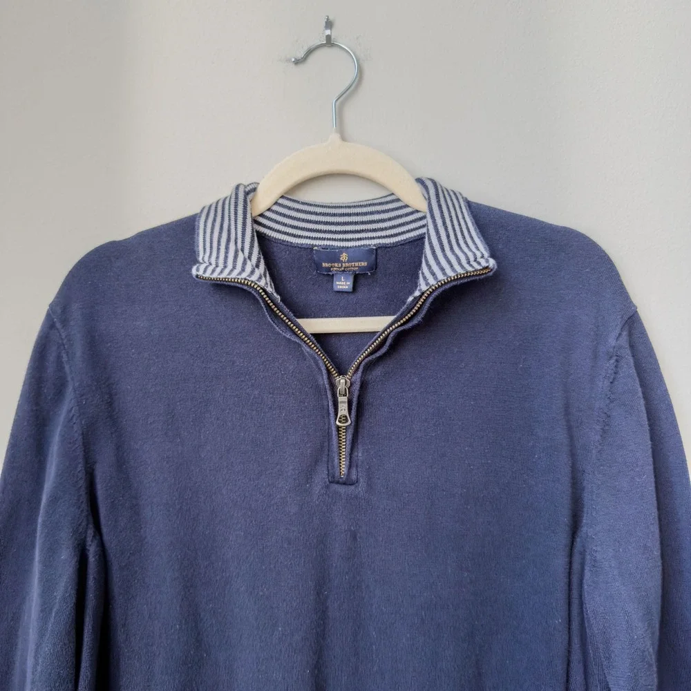 Brooks Brother's Preppy Supima Cotton Navy Quarter Zip Pullover Sweater Size L
